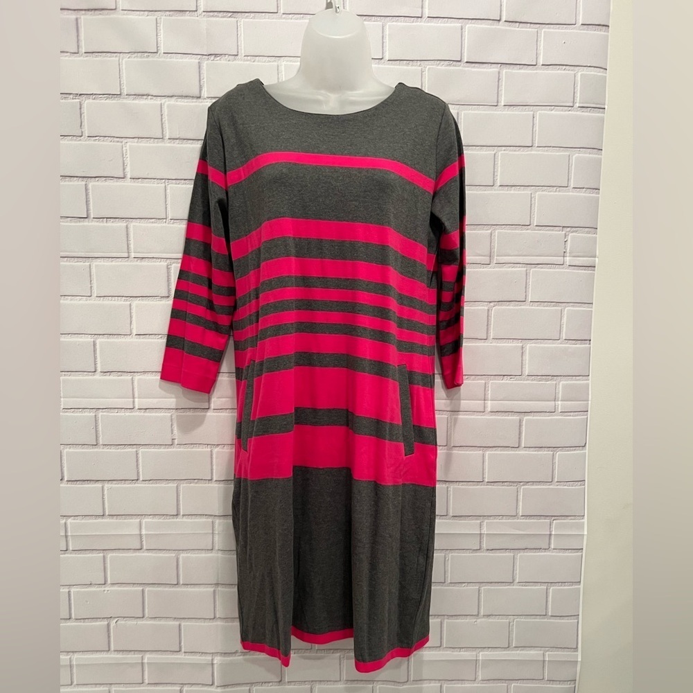 JOAN VASS striped hot pink & gray Barbiecore 3/4 sleeve casual dress/size MP - Picture 2 of 8